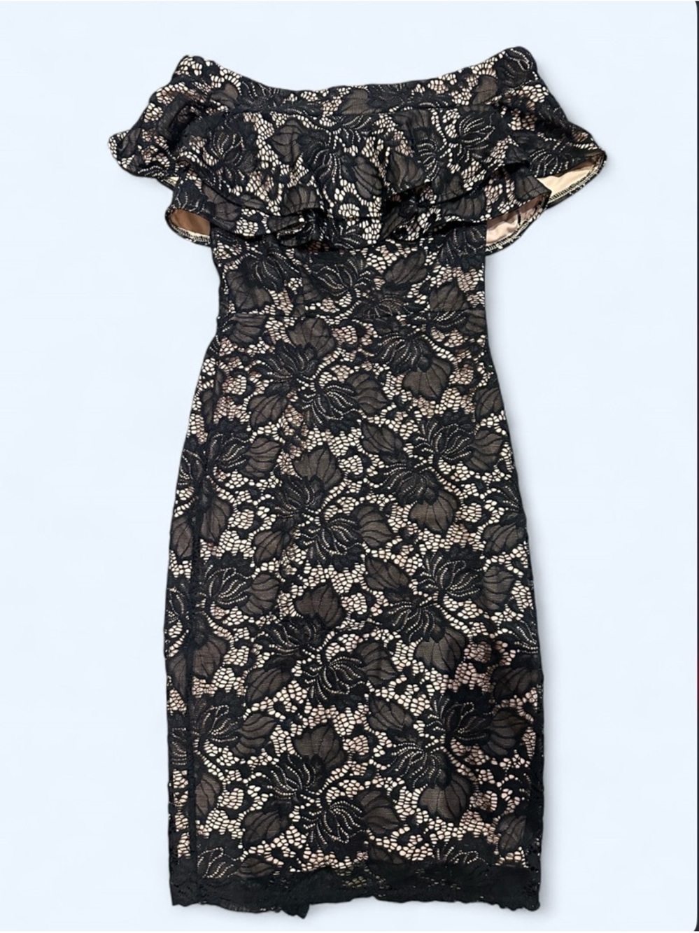 le chateau Black Lace One-Shoulder Cocktail Dress with Nude Lining